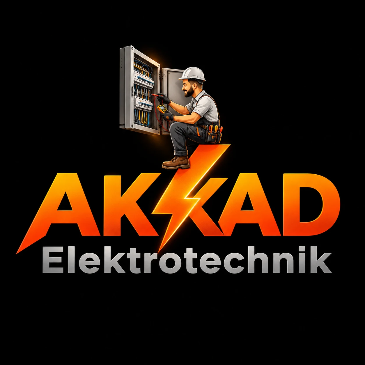 Logo von Akkad Elektrotechnik: Elektriker am Schaltschrank über dem Schriftzug AKKAD Elektrotechnik